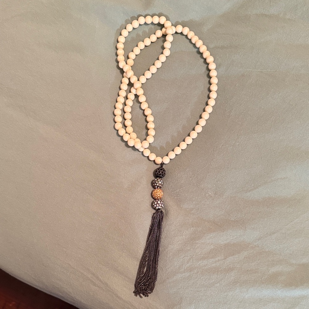 Stella & Dot Cream Beaded Necklace with Black Tassel